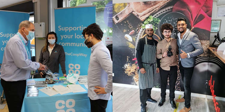 Left: Interviewing for a story on new soft plastic recycling bins at Prestbury's Co-op. Right: With Tufayel and Mohammed Hussain of Hurdsfield Takeaway Achaari.