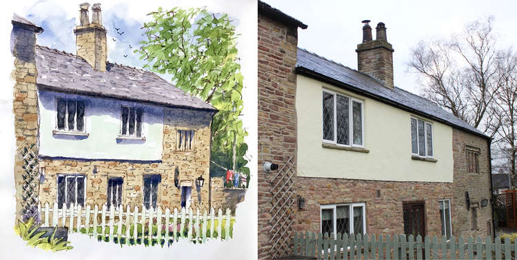 A side by side comparison. Charles moved out this Sutton home in 1921. His mum would also move out a few years later, and move into the centre of Macclesfield on Nicholson Avenue. (Image - @davidsteedenart / Alexander Greensmith)