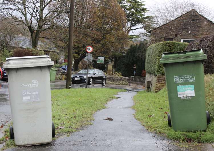 Macclesfield: Garden (right) and recycling (left) bins are out in Sutton earlier today for collection on Thursday.