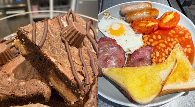 A peanut butter cup brownie and Full English at the Macclesfield tea room.