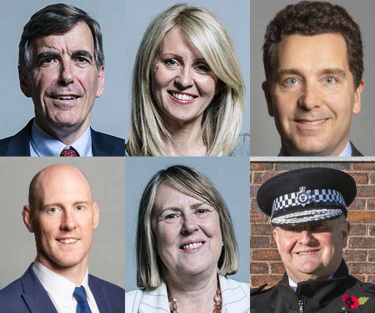 From top left to bottom right: Macclesfield MP David Rutley, Esther McVey (Tatton), Edward Timpson (Eddisbury), Dr Kieran Mullan (Crewe), Fiona Bruce (Congleton) and Superintendent Peter Crowcroft. (Image - Richard Townshend / David Woolfall)