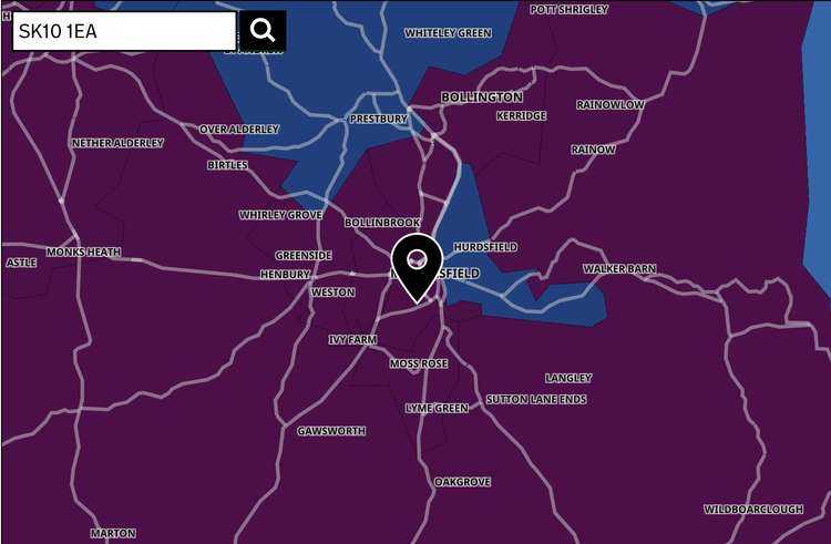 Macclesfield areas in purple have more cases than areas in blue. (Image - Copyright OpenMapTiles OpenStreetMap contributors GOV.UK)