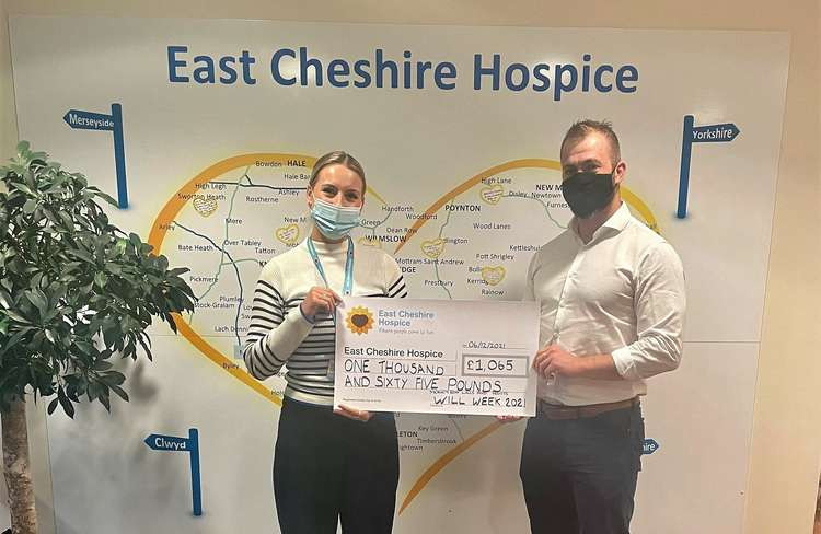 The cheque is shown being presented by Joe Etherington, Head of Wills and Trusts to Beth England, Individual Giving Fundraiser, East Cheshire Hospice.