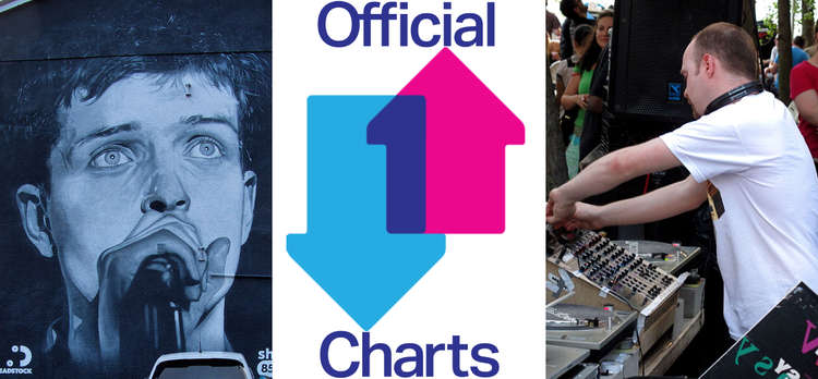 Here's Macclesfield's most successful musicians: An Ian Curtis mural (Image - © Copyright David Dixon / CC 2.0 Changed bit.ly/3yKhshX. The Official Charts Company Logo and Mr Scruff Nat Tarbox CC 2.0 Changed bit.ly/3FdstLd)