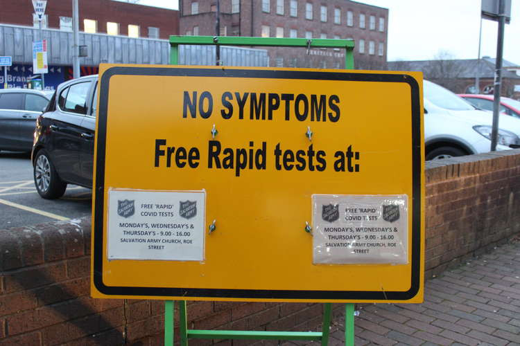 Macclesfield: A sign promotes the Roe Street Salvation Army COVID-19 test centre, outside Exchange Way Tesco.