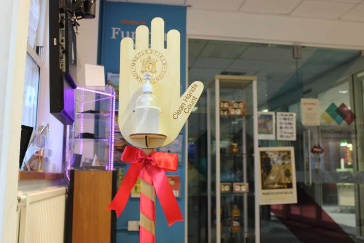 Regular hand sanitising while Christmas shopping, and wearing a mask is recommended. This sanitising station is pictured inside the Macclesfield Visitor Information Centre.