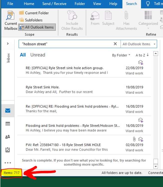 
	The number of emails alone, responses and replies Cllr Farrall has had regarding the Sink holes since 2019.
