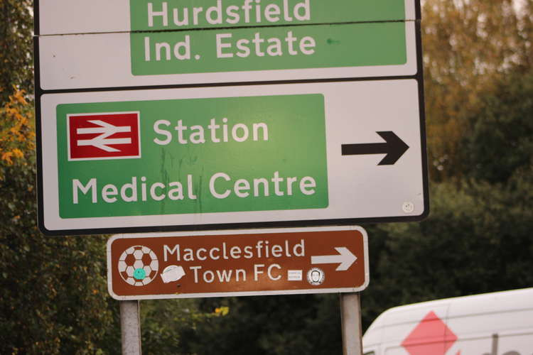 Stickers and incorrect naming are on his old roadsign in Macclesfield.