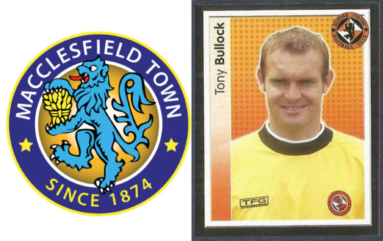 Tony Bullock is one of few players to have played in the English Premier League, Scottish Premier League, and for Macclesfield Town. (Image - Panini / Macclesfield Town logo - assets now owned by Macclesfield FC)