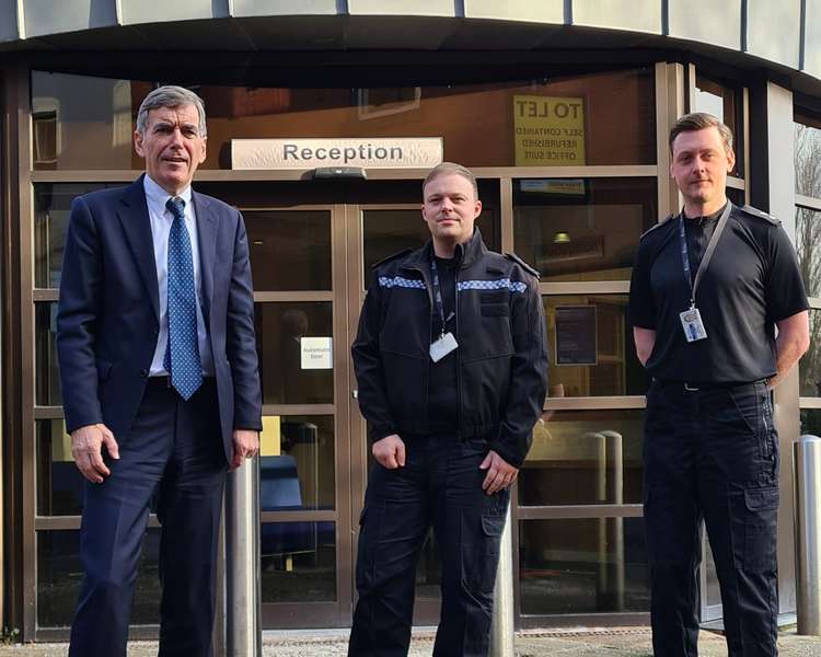 David Rutley, Matt Larger and Gareth Beasley outside Macclesfield Police Station.