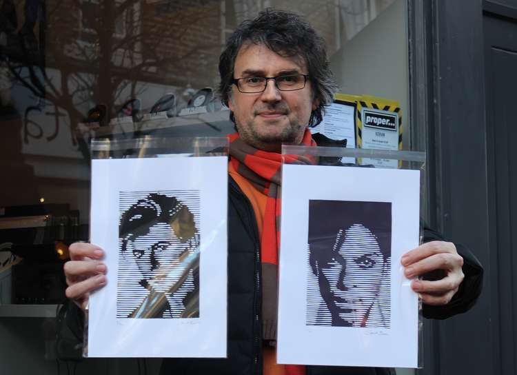 Stuart Eaton is a one-of-a-kind Macclesfield artist, who creates household art through printed lines. Pictured is Stuart with one of his Bowie prints, and one of Prince.