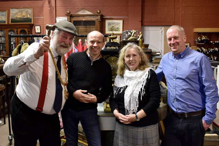 Mayor David Edwardes, Auctioneer Adam Partridge, Chris Earles of The Windyway Trust, and James Hogben of Macclesfield Roundtable.