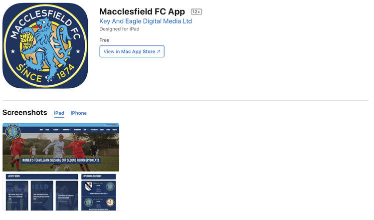 The Macclesfield FC app was developed by Wilmslow business and sponsor of the club Key And Eagle Digital Media Ltd.