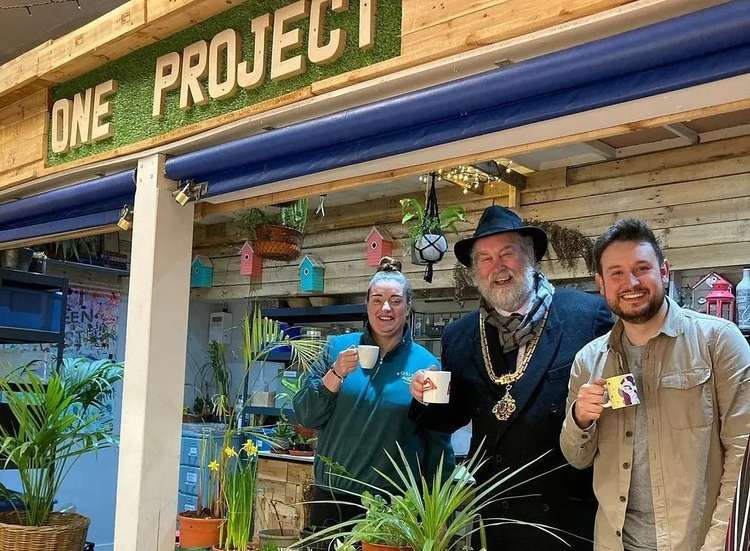 Kate Ellis (left) and Martin Handley (right) had their new stall opened by Macclesfield Mayor and Tytherington resident David Edwardes.