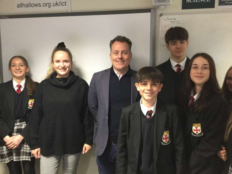 Orla, Charlie, Harvey, Tegan and Izzy from All Hallows Catholic College, alongside Lucy Mather and Nick Bianchi from Macclesfield's Arighi Bianchi.