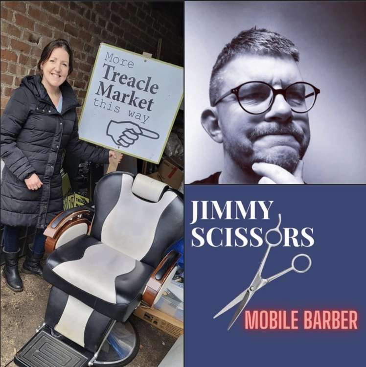 A barber with over 30 years experience will make their Treacle Market debut this Sunday. Becky Thompson of the Treacle Market (left) even bought a brand new chair for Jimmy. (Image - Treacle Market)
