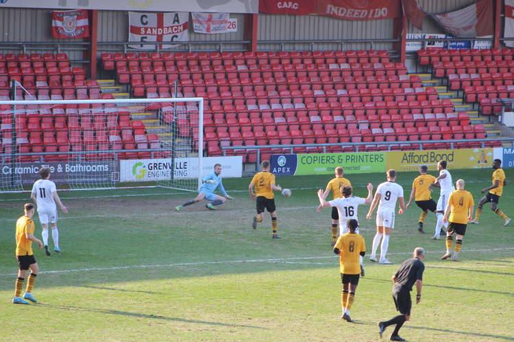 Mendy's deflected shot sent Congleton's keeper diving away from the ball. (Image - Alexander Greensmith)