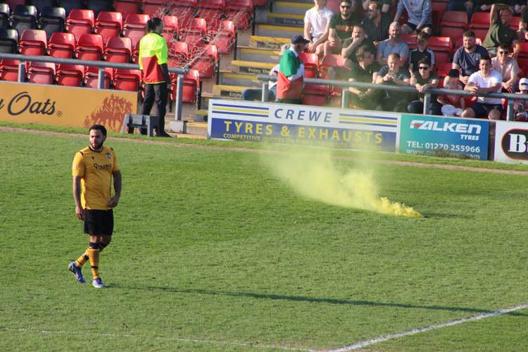 A flare was thrown onto the pitch by by Congleton fans after the second Macclesfield goal, Macc fans lit one of their own in response, but it didn't reach the pitch. Neither disturbed the game. (Image - Alexander Greensmith)