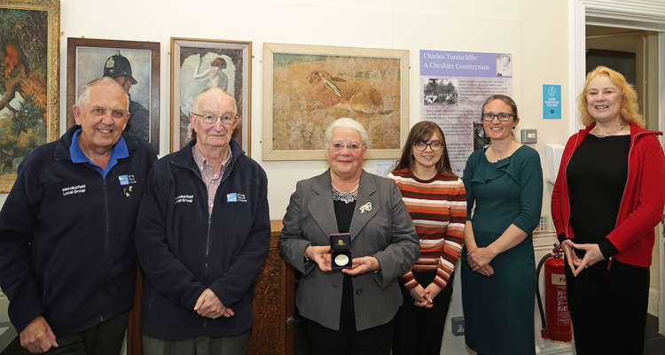 L to R: David Tolliday and Ray Evans, both of RSPB Macclesfield, Janet Jackson MBE, a trustee of The Silk Heritage Trust and Chair of the Friends of Silk Heritage Bryony Renshaw, Collections Officer for Macclesfield Museums Natalie Lane, Education Officer
