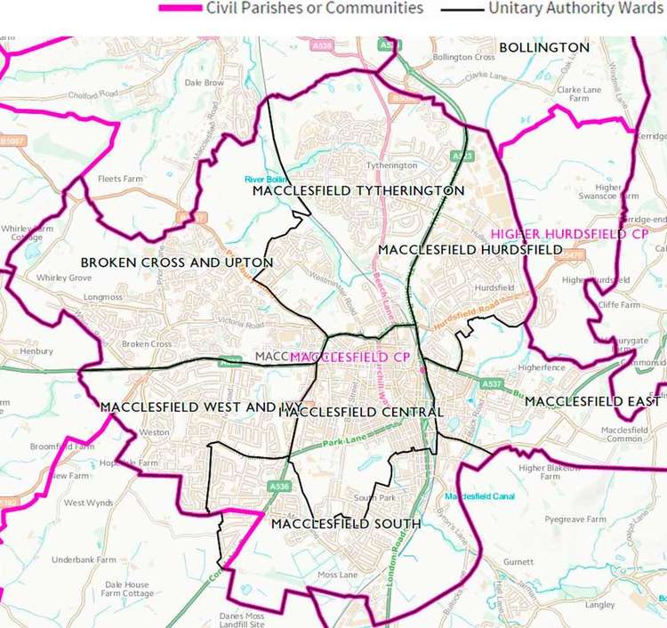 The Macclesfield Broken Cross and Upton Ward is pictured towards the left of the map. (Image - Alexander Greensmith / Macclesfield Nub News)