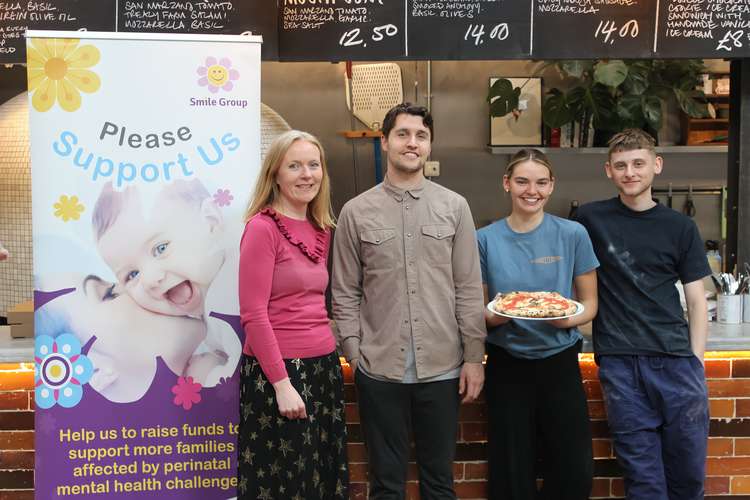 Co-founder of Macclesfield charity Smile Group poses with staff from Honest Crust and The Picturedrome. Left to Right: Natalie, Jake, Felix,