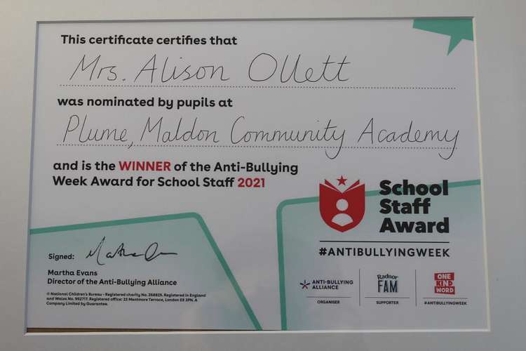 The School Staff Award from the Anti-Bullying Alliance (Photo: Plume Academy)