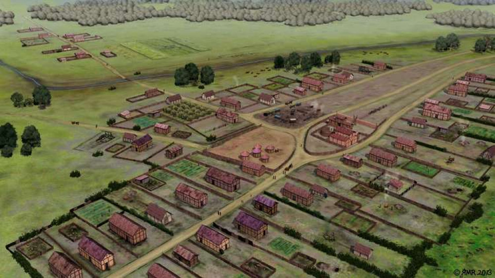 An artist's impression.  Atkinson, M. and Preston S. 2015 Heybridge: A late Iron Age and Roman settlement.  Excavations at Elms Farm 1993-5. Volume 2, Internet Archaeology 40. https://doi.org/10.11141/ia.40.1