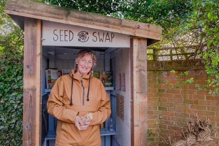 Jill Morgan at the seed swap hut in Tollesbury (Photo: Tollesbury Climate Partnership)