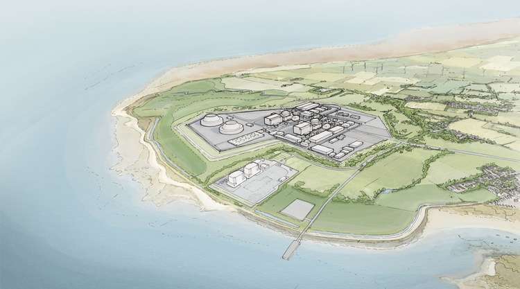 Aerial perspective of the proposed Bradwell B nuclear power station in Bradwell-on-Sea, Maldon