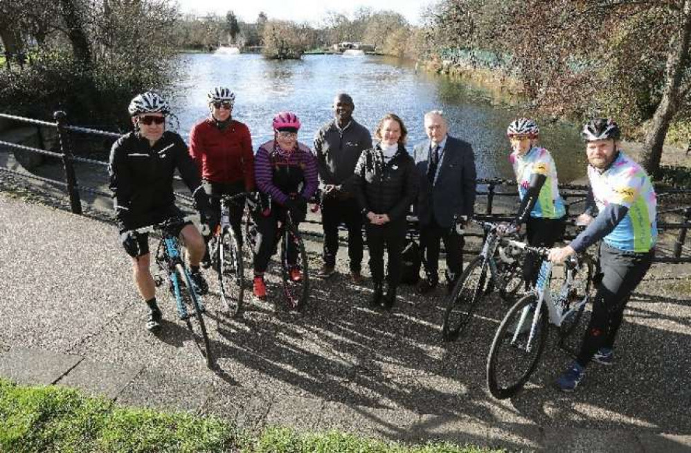 (L-R) Cyclists Greg Mawdsley, Laura Lawson and Lisa Thake, Jason Fergus, Catherine Anderson, Essex County councillor Lee Scott and Farleigh Hospice riders Neil Coggins and John Porter