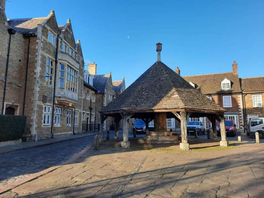 Oakham Buttercross, where the twice weekly market is held in the centre of town.