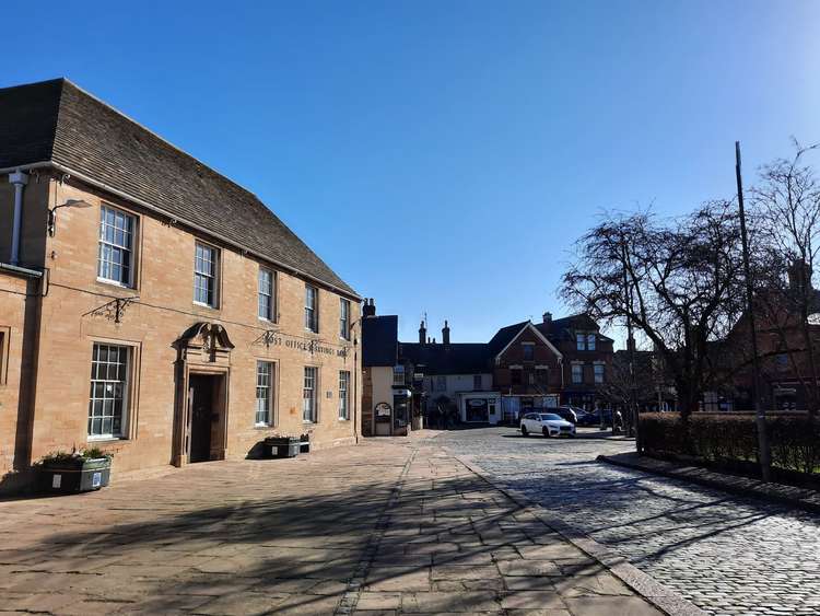 Oakham's market square and post office in the spring sunshine