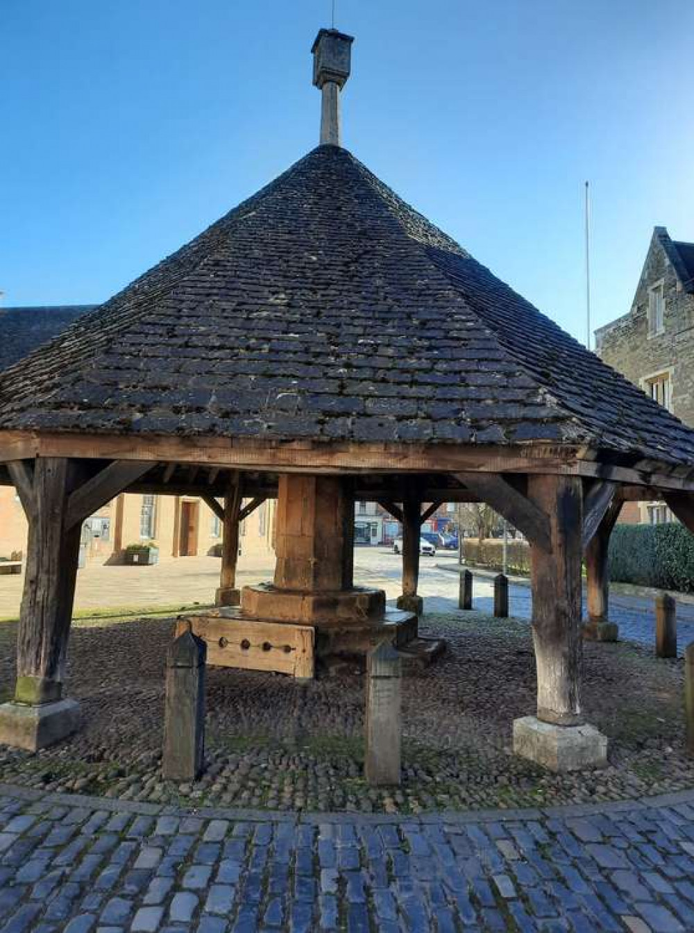 Oakham Buttercross and the old stocks in Oakham Market place