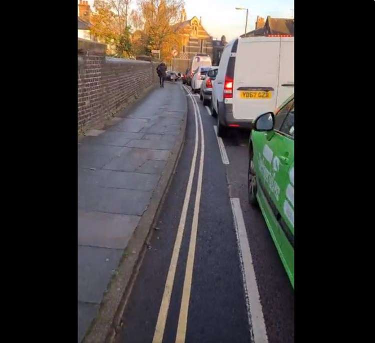 The footage demonstrates that trying to create protected cycle lane space on narrow roads is practically impossible in some circumstances. Credit: @velostefan.
