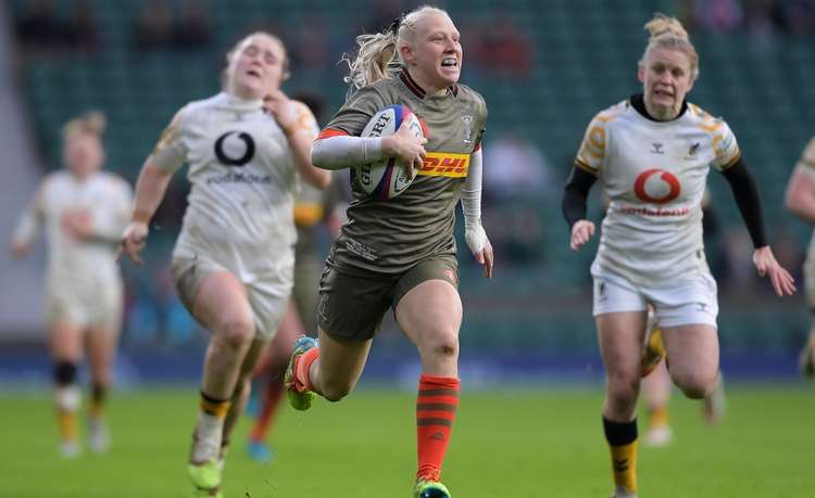 Quins hammered home the advantage as the final member of the side's back three, Heather Cowell, crossed for her score. Credit: JMP/Juan Gasparini for @harlequins.