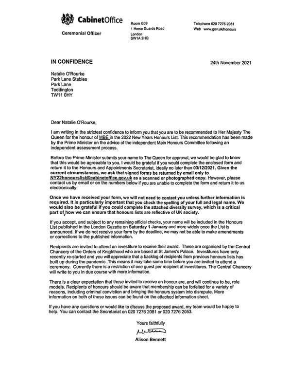 The letter confirming Natalie's honour (Image: Courtesy of Natalie O'Rourke)
