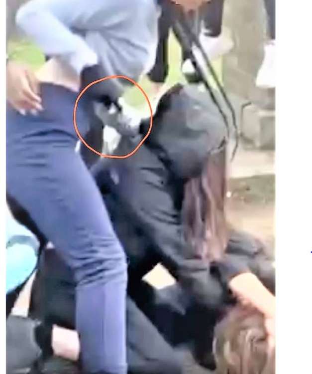 A girl gang attacking a girl on the ground in a Twickenham playground.