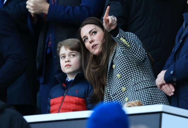 The Duchess of Cambridge with her son George at Twickenham Stadium on Saturday (Image: Getty).