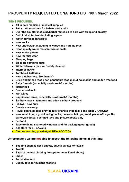 The latest list of items needed for the relief effort includes laundry washing powder and gel, as well as medicines, baby food, baby formula, dried food and new duvets.