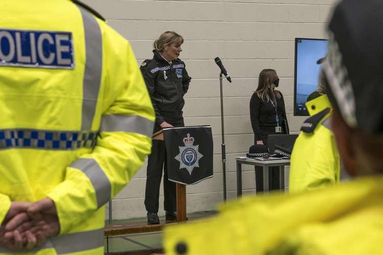 Temporary Assistant Chief Constable Una Jennings addressing officers