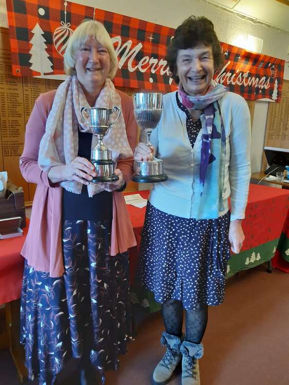 Anne Jarvis (left) with Stella Thompson proudly showing their prestigious  Devon County Ladies Veteran trophies won during the year.  Photo by Margaret Kenchington