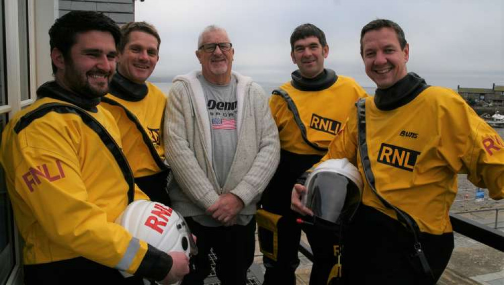 Brian Harding with the lifeboat crew members who rescued him (from left) Tom Crabbe, Rich Tilley, Tim Edwards and Andy Butterfield