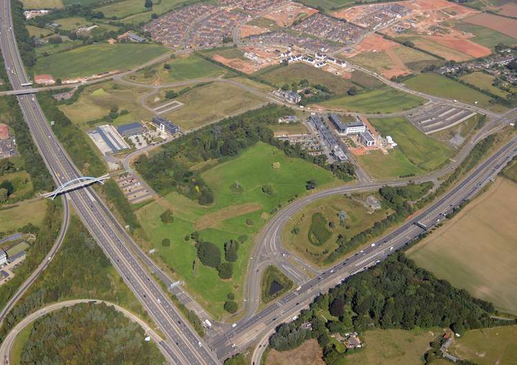 Exeter and East Devon Enterprise Zone's Skypark showing the 35 Burrington light industrial units and the frame for new 196,000 sq ft manufacturing building for Stovax Heating Group Ltd (photo credit Still Imaging)