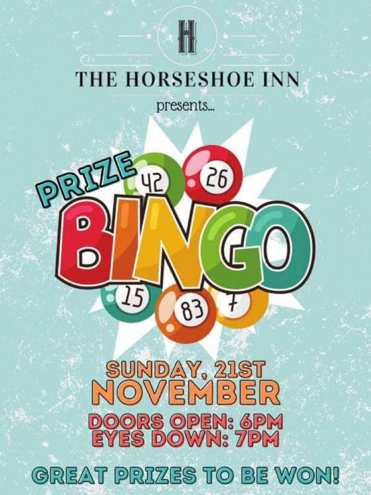 Monthly Prize Bingo will be held at the Horseshoe Inn, Shepton Mallet, on Sunday