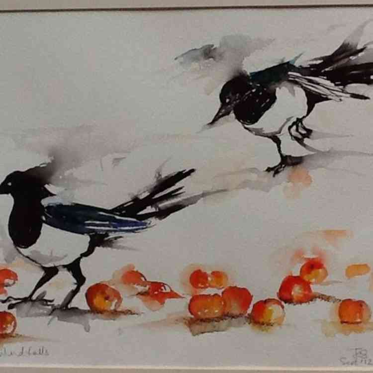 A watercolour showing two magpies.