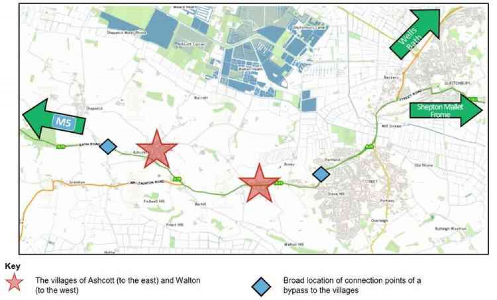 Possible locations of an A39 bypass at Ashcott and Walton (Photo: Peninsula Transport Shadow Sub-National Transport Body/Somerset County Council)