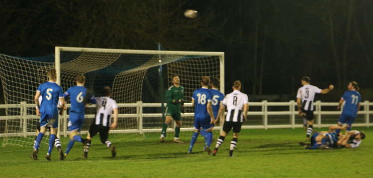 Goalmouth action between Imps and Long Melford (Picture credit: Ian Evans)