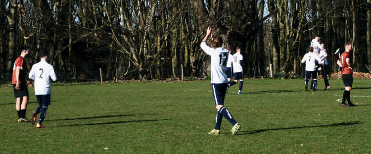 Woolverstone celebrate scoring against Cockfield (Picture credit: Peninsula Nub News)