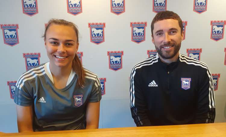 Ipswich Town defender Paige Peake and Tractor Girls boss Joe Sheehan ahead of FA Cup quarter final against West Ham (Picture credit: Felixstowe Nub News)