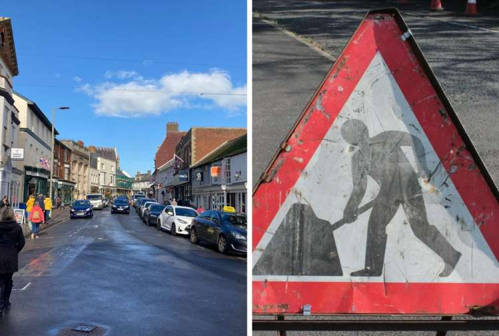 L: The A375 runs through Sidmouth town centre (Nub News, Will Goddard). R: A stock image of a roadworks sign (Devon County Council)